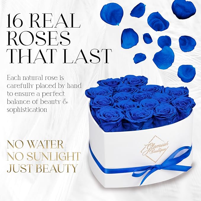 GLAMOUR BOUTIQUE Preserved Roses in a Box - Gifts for Her, Wife & Mom, Rose Flowers Forever Decor for Birthday Gift, Get Well Flower Bouquet Cased in White Box with Cover, Blue, 16 (Color-Treated)