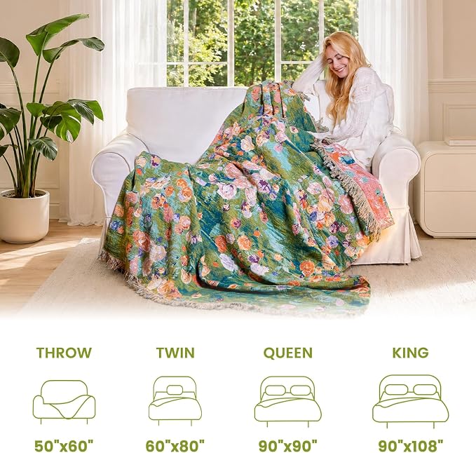 MSGKV Boho Throw Blanket for Bed Cotton Floral Twin Size Couch Blanket 60"x80" Muslin Summer Breathable Lightweight Farmhouse Blankets All Seasons