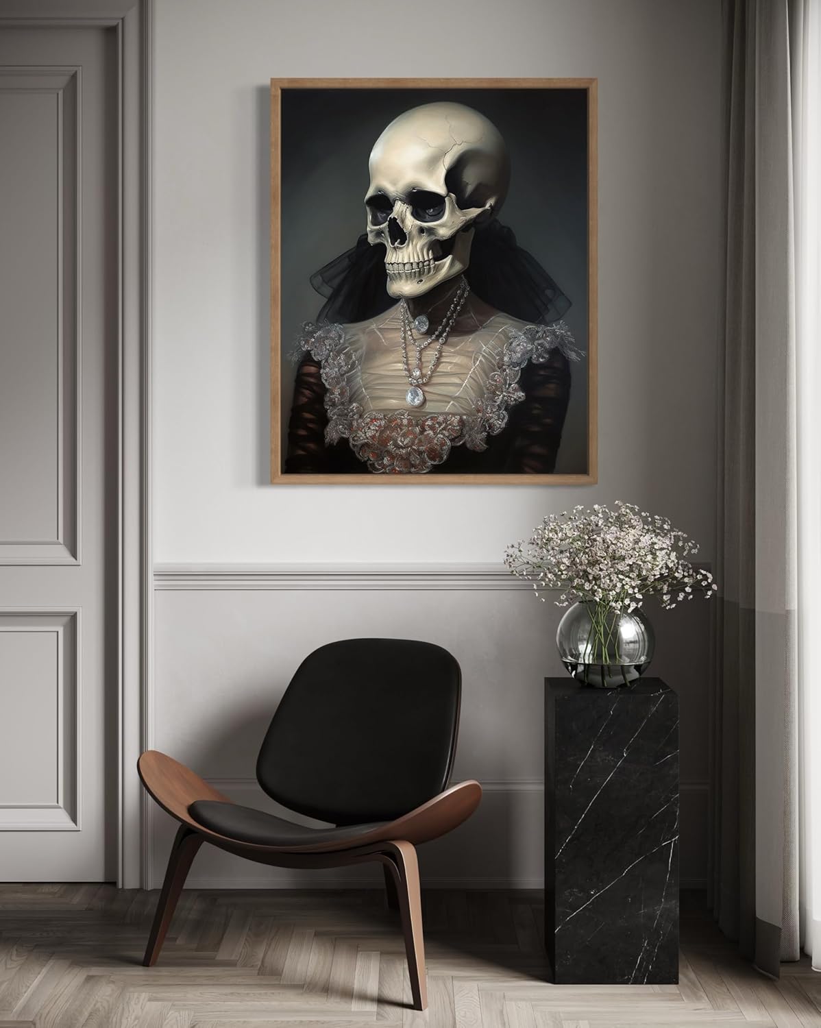 Female Skull Poster Art Print, Halloween Scary Vintage Wall Art Academia Spooky Painting Decoration for Horror Prints, Gothic Posters Bedroom Decor 89 (Female Skull, 11 x 14 inches, Wood Frame)