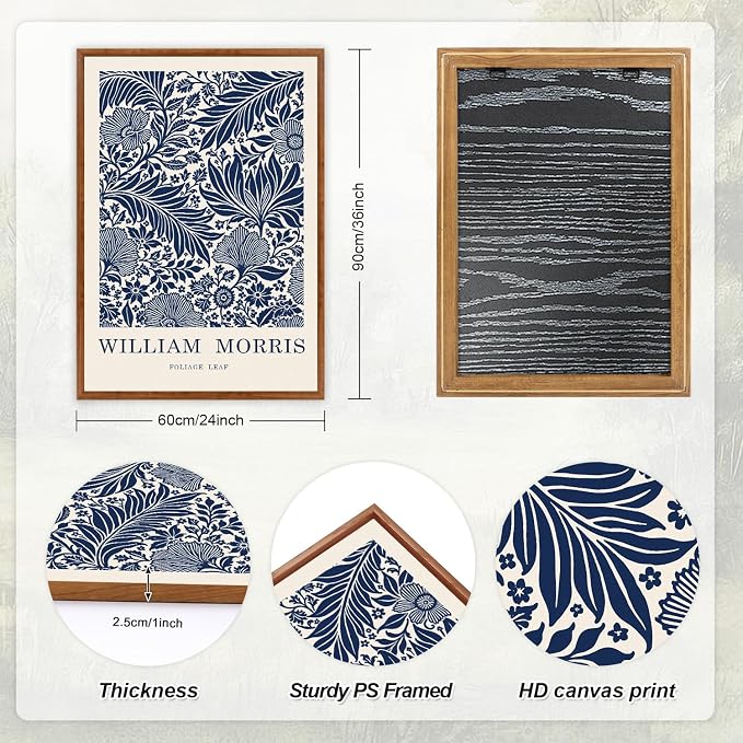 LHIUEM WILLIAM MORRIS Blue and White Picture Wall Decor,Vintage Wall Art Flowers Theme,Neutral Navy Blue White Tones Framed Prints,Scandinavian Cream Canvas Decor,Boho Botanical Art for Home-24”X36”X3