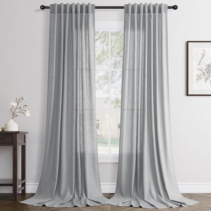 Jowels Grey Linen Curtains 96 Inch Long 2 Panels for Living Room | Gray Light Filtering Sheer Curtain, Back Tab Pocket Pleated Look, Boho Farmhouse Textured Privacy Drapes for Bedroom Window
