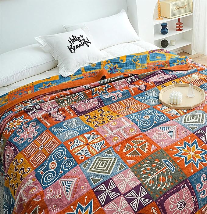 MSGKV Summer Cotton Throw Boho Blanket for Couch Bed, 60"x80" Muslin Brathable Lightweight Travel Decor Blanket for Bedroom