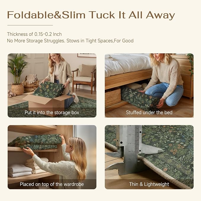 PureCozy 5x7 Dark Green Area Rug for Living Room Bedroom Washable Vintage Floral Carpet Low Pile Non Slip Botanical Aesthetic Dining Room Soft Accent Throw Rug Nursery Office Indoor