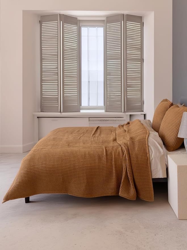 100% Turkish Cotton Throw Blanket King Size Caramel - Premium Quality, Light and Airy Waffle Weave All-Season Quilt - Lux Decorative Bedspread (Caramel, King Size 95" x 110" Inch)