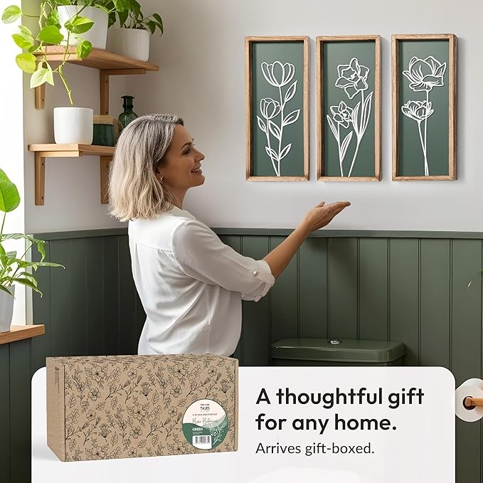 3D Floral Green Wall Art (Set of 3) Lightweight, Wooden Ready-to-Hang Boho Framed Wall Art for Bathroom, Master Bedroom, Living Room or Office - Premium Sage Green Farmhouse Decor - Gift-Boxed