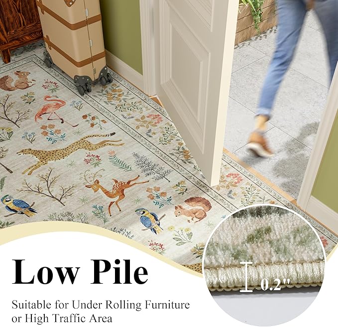 DUKINO Runner Rug, 2x8 Washable Kitchen Rugs for Hallways with Non Slip Backing, Soft Low Pile Vintage Animal Runner for Kitchen, Hallway, Entryway, Laundry, Bedroom, Beige