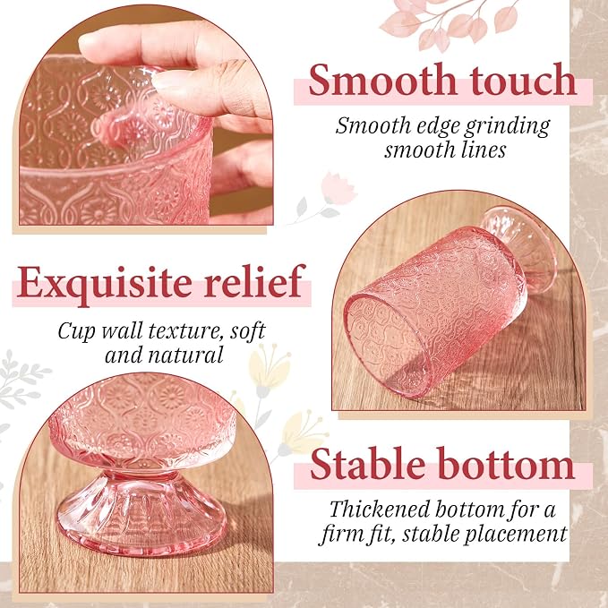 6 Pcs (H: 7" W: 4") Embossed Flower Vase Pedestal Glass Vase Big Base Thickened Crystal Vintage Vases for Wedding Party Home Decor Table Centerpiece House Warming Gifts (Pink,Classic)