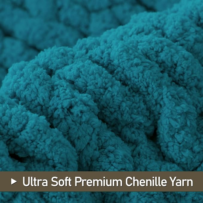 Chunky Knit Throw Blanket 60x80, 100% Handmade Chenille Yarn | 6.7lbs Soft Thick Cable Knitted Blankets, Large Rope Knot Crochet Throws for Couch Sofa Bed Machine Washable, Teal