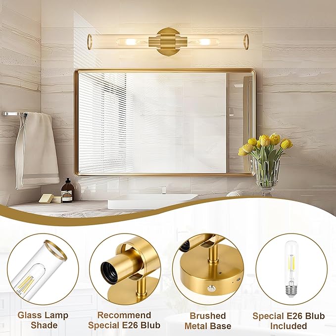 Morauroral Gold Battery Operated Wall Sconces Set of 2, Rechargeable Wall Lights with Remote Control, 20 Inch Modern Wireless Wall Lamp for Bedroom, Living Room with Clear Glass Shade (Bulbs Included)