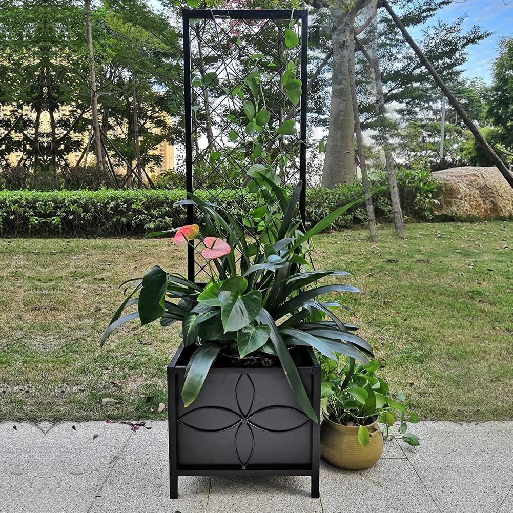 Zhongma 15.75 x 15.75 x 55 in Raised Garden Bed with Trellis,Heavy Duty Plant Box for Climbing Plants with Drainage Hole, Metal Lattice Planter Gardon Box with Inner Fabric Liners.