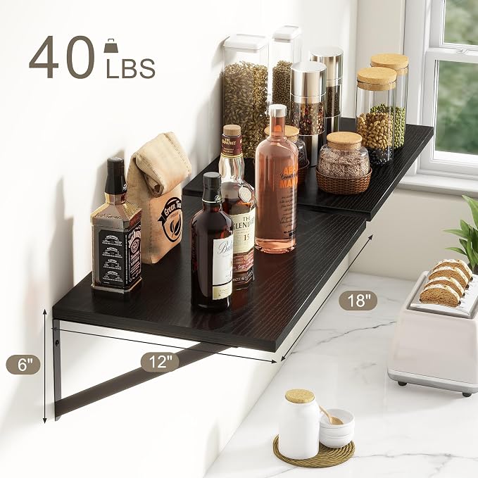 Fun Memories Black Floating Shelves 18 Inch Long, Rustic Floating Shelf with Brackets, 12 Inch Deep Wall Shelves, Black Bathroom Shelves, 18 x 12 Storage Shelf for Kitchen, Living Room, Set of 2