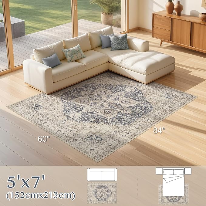 Tortania Area Rug Living Room Rugs - 5x7 Washable Boho Rug Vintage Oriental Distressed Farmhouse Large Thin Indoor Carpet for Living Room Bedroom Under Dining Table Home Office - Cream Blue