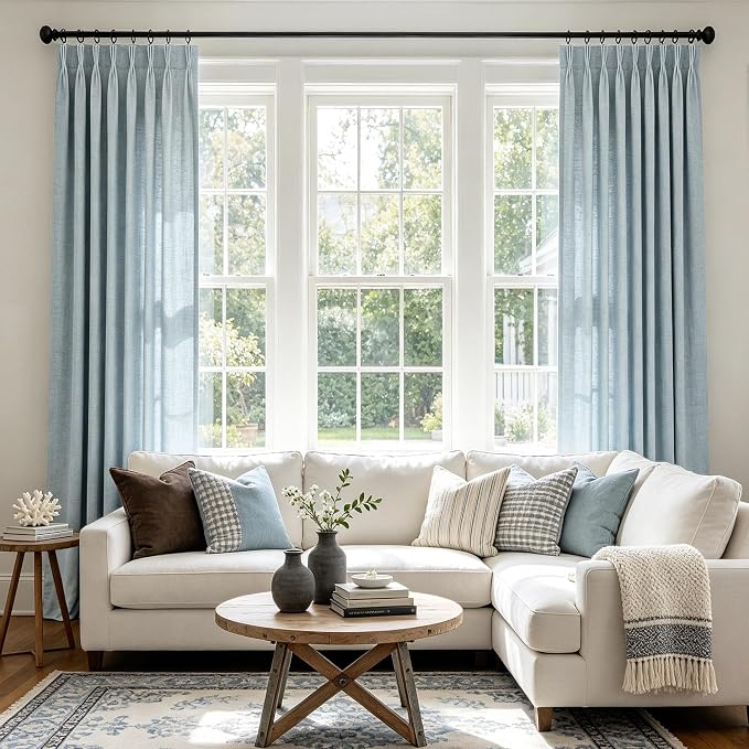 Pinch Pleated Dusty Blue Linen Curtains 96 inches Long for Living Room Light Filtering Semi Sheer Triple Pleat Curtains with Clips Modern Minimalist Coastal Decor Blue Grey Window Drapes 96 Length