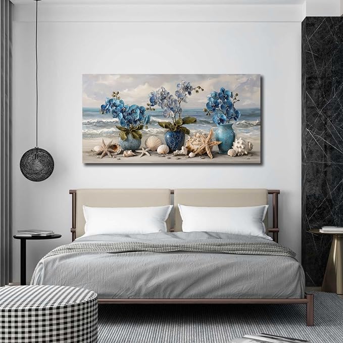 AOZEMI Vase Wall Art Large Seascape Wall Decor Beach Canvas Art Coastal Ocean Pictures Flower Poster Starfish Conch Shell Print Art for Bedroom Bathroom Living Room Office 29"x 59"