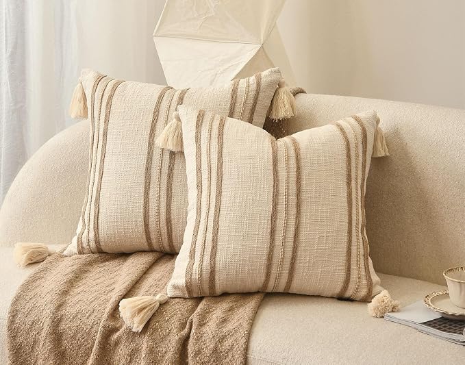 Cream Boho Decorative Throw Pillow Cover 20x20 | Modern Farmhouse Square Pillows Cushion Cover for Couch Bed Living Room Accent