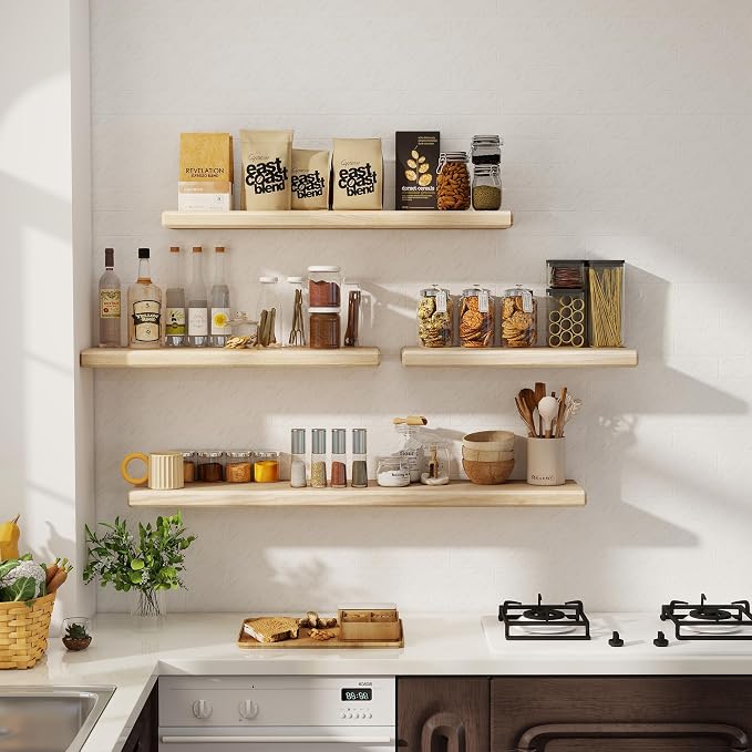 Axeman 36Inch Natural Wood Floating Shelves for Wall|Rustic Wooden Shelves for Bedroom Kitchen Bathroom|Storage Shelf with Invisible Bracket for Wall Mounted|Set of 1|Natural Color
