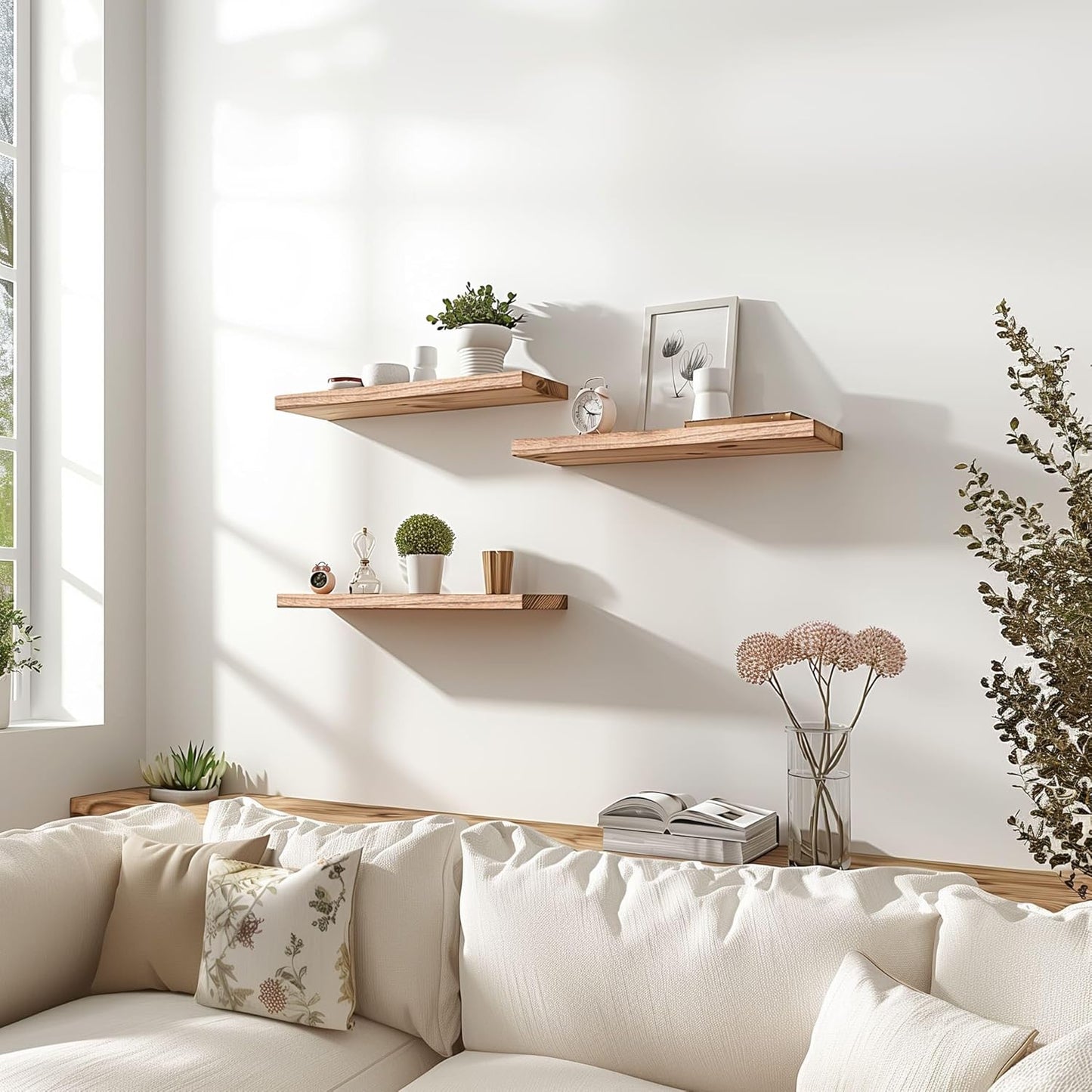 Wood Floating Shelves for Wall Decor, Rustic Wall Shelves for Bedroom Bathroom Kitchen Living Room, Set of 6 Light Walnut