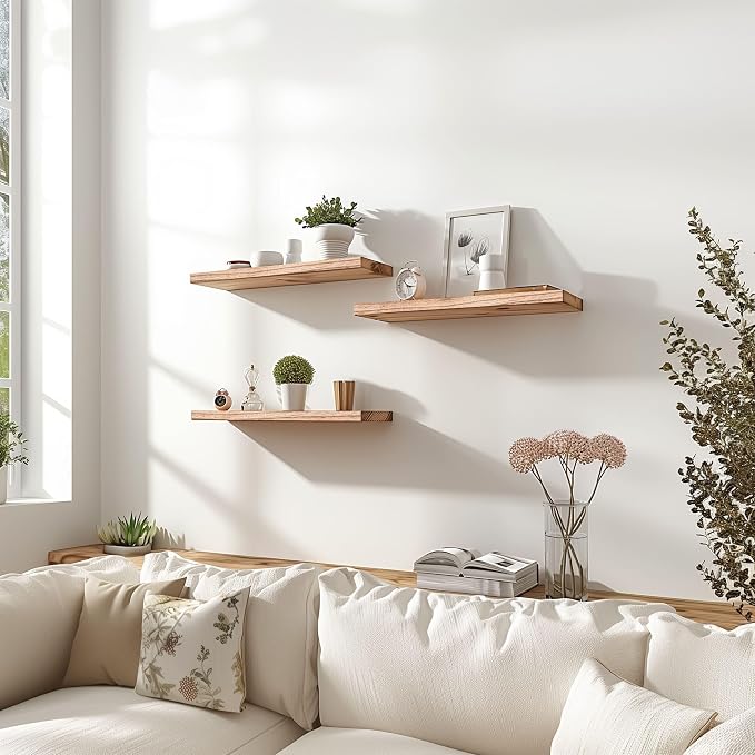 YYWUOJJ Wood Floating Shelves for Wall Decor, Rustic Wall Shelves for Bedroom Bathroom Kitchen Living Room, Set of 6 Light Walnut