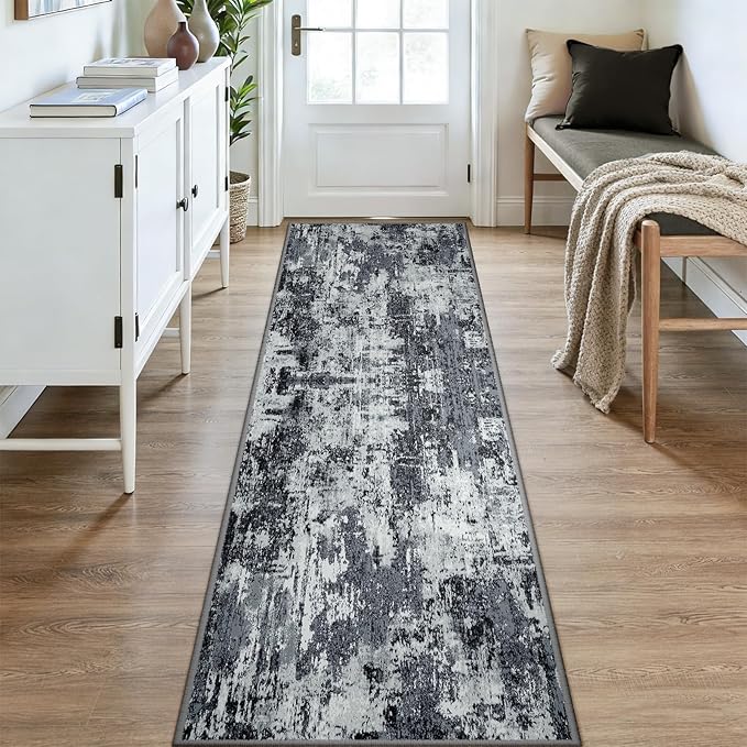 RELEANY Washable Area Rugs 3x9 Non-Slip Modern Abstract Soft for Living Room Entryway Bedroom Nursery, Print Pattern, Black Navy Blue Gray