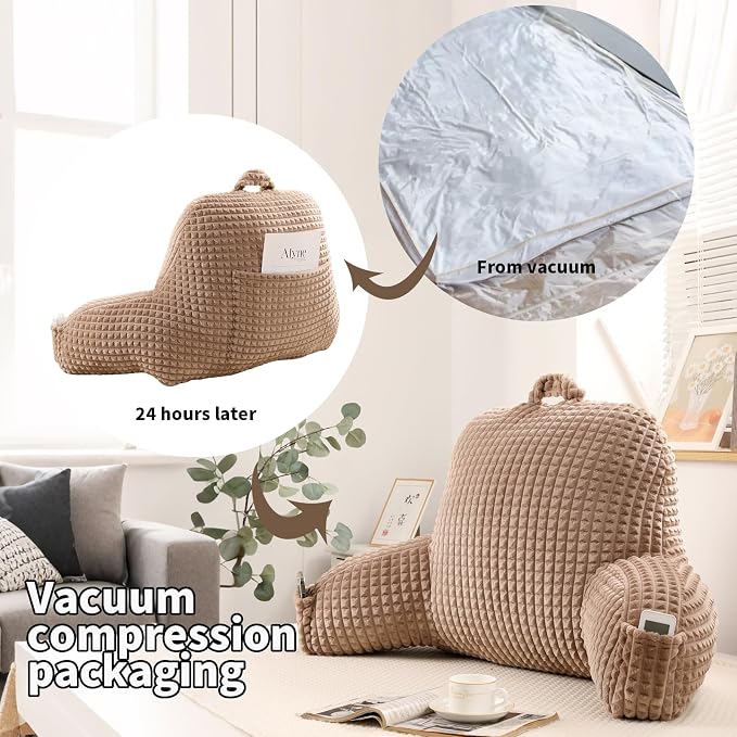 Reading Pillow with Arms for Bed Sitting,Khaki Flannel | Large Supportive Backrest with Arms Helps Ease Neck,Shoulder & Arm Strain While Gaming Reading or Watching TV