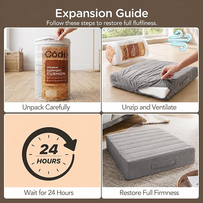 Codi Thick Replacement Couch Cushions 2 Sets, Upholstery Foam with Washable Covers for Sofa Cushion Chair Meditation - 24 × 24 × 5 Inch, High Density Foam, Grey