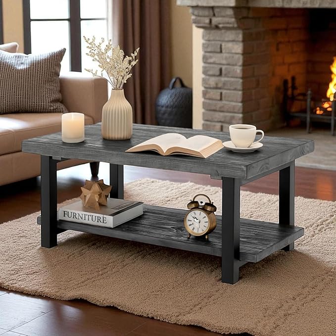 Alaterre Furniture Pomona Solid Wood Coffee Table, Slate Grey, 42” | Rectangular Center Table with Storage Shelf and Metal Legs, Rustic Industrial Farmhouse Living Room Furniture