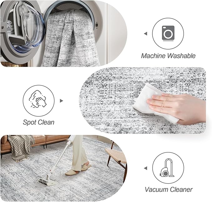 Soalmost 6x6 Grey Round Rug 6ft Living Room Circle Rug Gray Vintage Round Area Rug Non Slip Indoor Carpet for Dining Room Bedroom