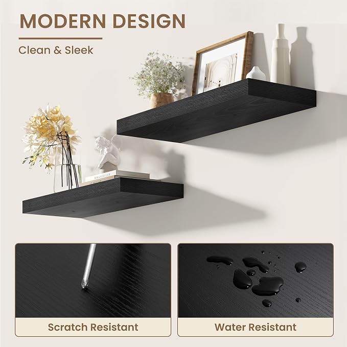 Dreamland 36 Inches Floating Shelves for Wall, 8" Deep Long Floating Shelves Set of 2, Large Display & Storage Shelf, Wall Shelf for Bathroom Bedroom Living Room Kitchen Office, Black