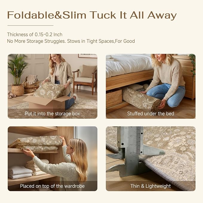 9x12 Taupe Washable Area Rug for Living Room Bedroom Neutral Soft Floral Non Slip Large Throw Rug Lightweight Vintage Low Pile Distressed Carpet Office Playroom Dining Room Home Decor