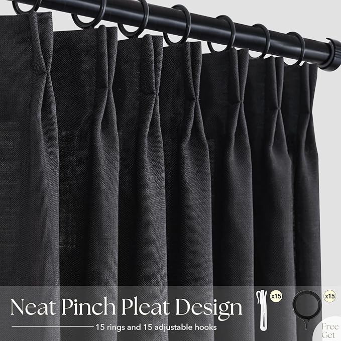 Pinch Pleated Black Linen Curtains 72 inches Long for Living Room 2 Panel Set Light Fitering Semi Sheer Black Window Curtain Pinch Pleate with Hooks Rustic Farmhouse Bedroom Drapes Length 72"
