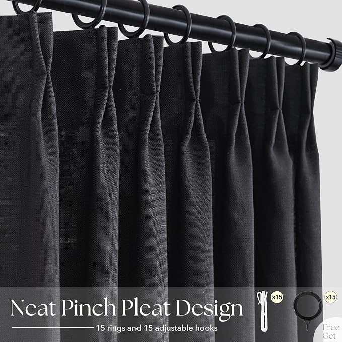 Pinch Pleated Linen Black Curtains 102 inch Length for Living Room 2 Panel Set Light Fitering Semi Sheer Black Window Curtain Pinch Pleate with Hooks Rustic Farmhouse Bedroom Long Drapes 102