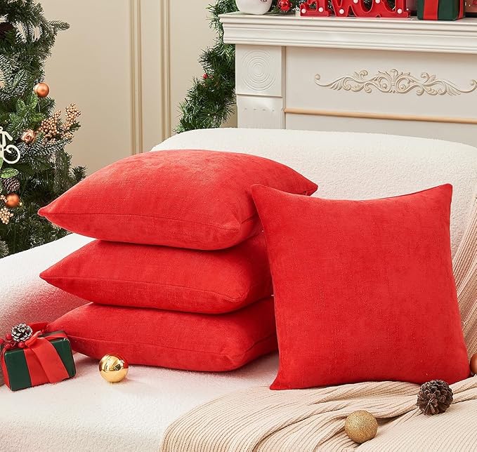 Pack of 4 Christmas Red Pillow Covers 18x18 Inch Chenille Throw Pillow Covers Solid Decorative Soft Xmas Cushion Covers Home Boho Textured Decor for Couch Sofa Bed Living Room