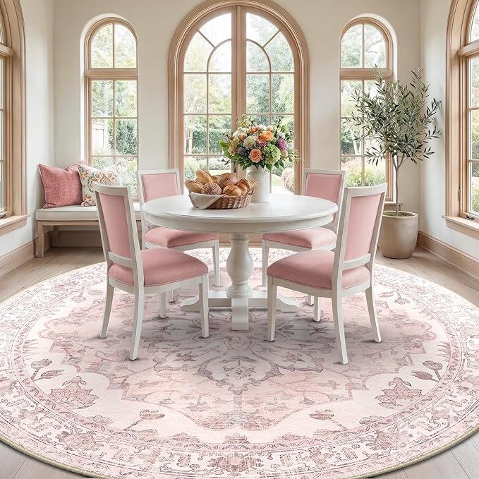 RELEANY Area Rugs 8ft Washable Non-Slip, Floral Vintage Distress Print Pattern Medallion Carpet for Living Room Bedroom Dining Room, Pink Greypink Cute