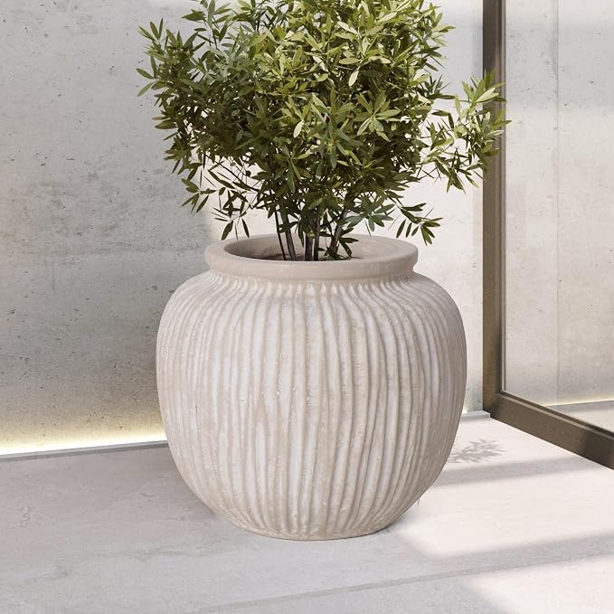 Oakrain Large Rustic Decorative Vase, 9" Distressed Round Floor Vase for Home Decor, Farmhouse Centerpieces Planters for Living Room Indoor Outdoor Use, Vintage White
