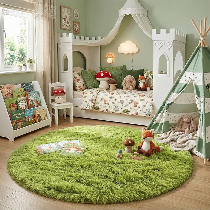 Amdrebio Grass Green Round Area Rug 7Ft for Living Room Bedroom Decor Aesthetic, Large Fluffy Shaggy Fuzzy Circle Rugs for Baby Nursery Kids Playroom, Big Soft Shag Floor Circular Modern Cool Carpet