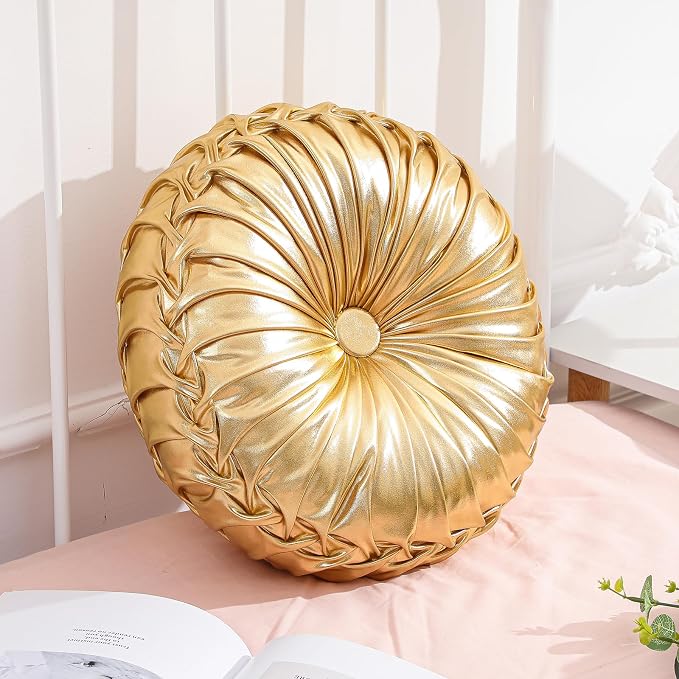 Drydiet 1 Pcs Round Throw Velvet Pillows Decorative Pleated Throw Pillows Diameter Accent Pumpkin Boho Chair Cushion for Couch Sofa Home Decoration (Gold,15'')