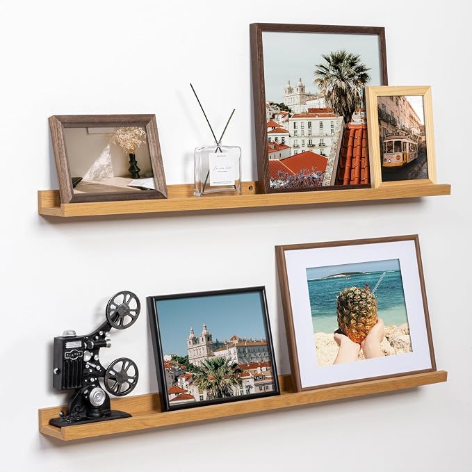 Fun Memories Picture Ledge Shelf, 36 Inch Floating Shelves Set of 2, Nursery Book Shelves for Toys Storage, Kids Bookshelf Wall Mounted for Wall Decor Books Photo Frames, Oak