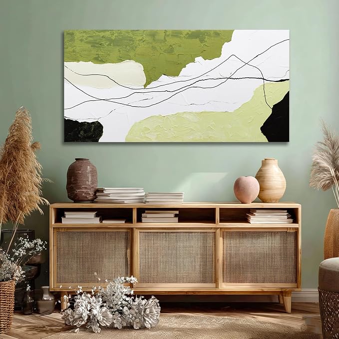 Dolidoteart Green White Black Canvas Wall Art, Hand Painted Abstract Oil Painting, Large Modern Wall Decor for Living Room Bedroom Office, Horizontal 24x48 Inch