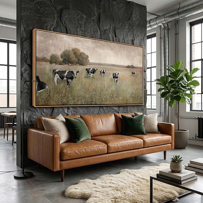 YDYSUNE Large Cow Pasture Wall Art - Rustic Landscape Canvas Print,Beige and Black Farm Animal Framed Picture,Grazing Cows Painting for Living Room Bedroom Country Kitchen Decor Artwork 29×58inch