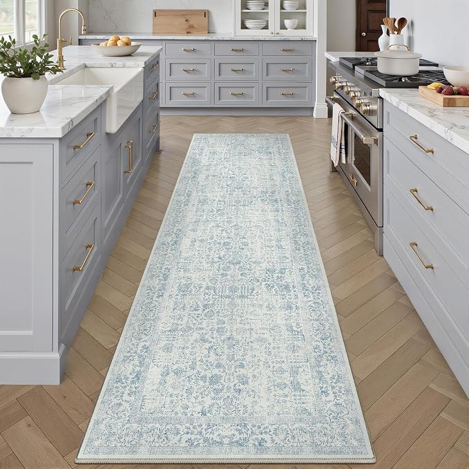 PureCozy Blue Runner Rug 2x8 Hallway Machine Washable Kitchen Vintage Distressed Non Slip Long Carpet Indoor Retro Floral Bedroom Accent Throw Rug for Bathroom Office Laundry Dining Room