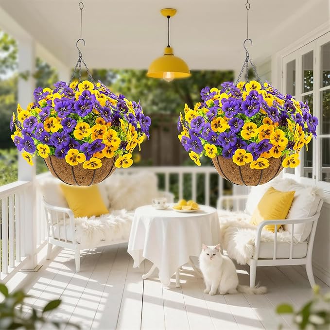 lovemoon 2 Sets Artificial Hanging Flowers with Baskets, 24 Pcs UV Resistant Faux Silk Pansies Outdoor Flower Pots for Porch Patio Garden Home Spring Summer Decor (2, Yellow,Puple)