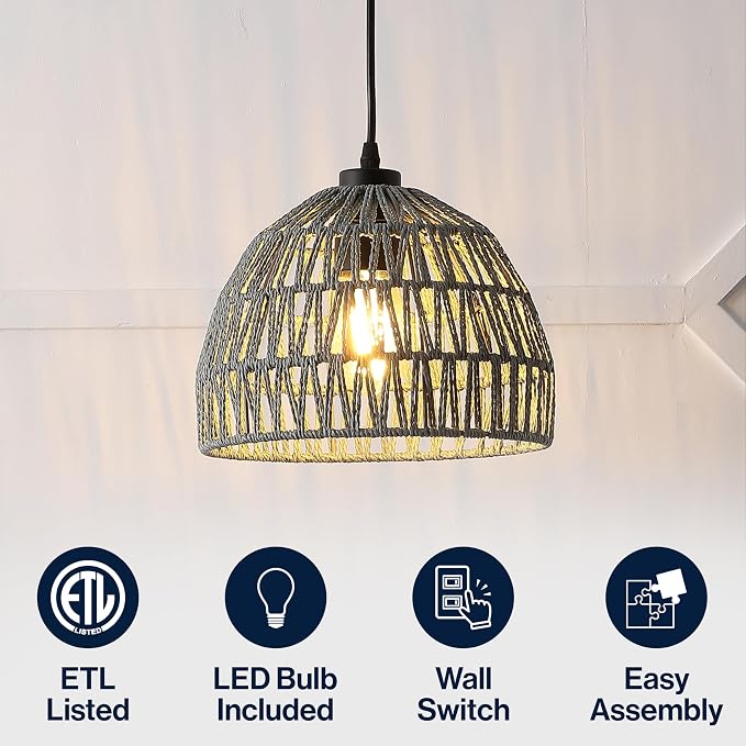 JONATHAN Y 10.25" Gray Modern Bohemian Woven Rope LED Pendant Light Fixture, Adjustable Dome Ceiling Lamp for Kitchen Island, Rope Shade, Coastal Farmhouse Decor (JYL6513D)