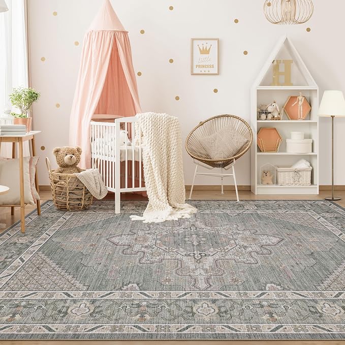 Tortania Area Rug Living Room Rugs - 6x9 Washable Boho Rug Vintage Oriental Distressed Farmhouse Large Thin Indoor Carpet for Living Room Bedroom Under Dining Table Home Office - Green Gray