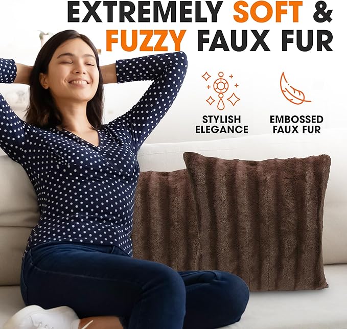 Cheer Collection Faux Fur Throw Pillows - Decorative Pillows for Couch, Bed Throw Pillows, Chocolate Accent Pillows for Bedroom or Living Room Aesthetic, Set of 2 Furry Throw Pillows, 24" x 24"