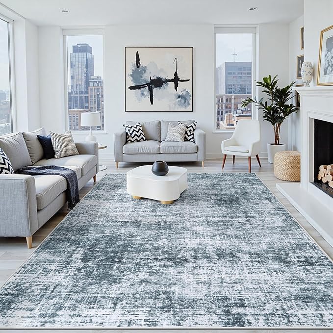 8x10 Area Rugs Washable Rug:Anti-Skid Abstract Modern Living Room Rug Soft Thin Carpets Indoor Floor Non-Shedding Carpet for Bedroom Dining Farmhouse Nursery Home Office(Light Slate Blue/White, 8x10)