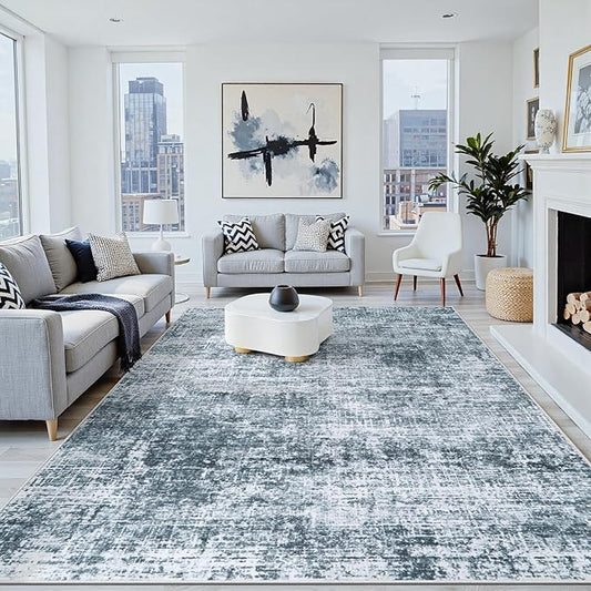 8x10 Area Rugs Washable Rug:Anti-Skid Abstract Modern Living Room Rug Soft Thin Carpets Indoor Floor Non-Shedding Carpet for Bedroom Dining Farmhouse Nursery Home Office(Light Slate Blue/White, 8x10)