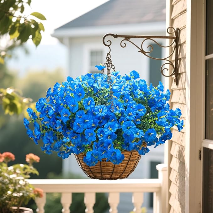 Grunyia UV Resistant Artificial Morning Glory Flowers - 16 Bundles Blue Faux Plastic Fake Plants with Eucalyptus for Outdoor Indoor Porch Patio Planter Window Box Garden Home Decor