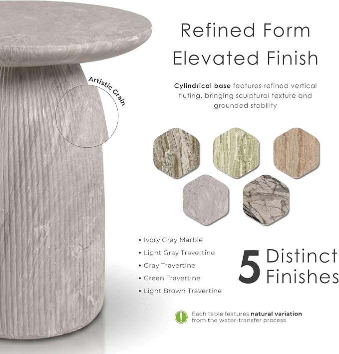 24/7 Shop at Home Ranera Modern 17-inch Natural Stone Side Table with Round Pedestal Base, Marble Nightstand, Fluted Patio End Table, for Living Room, Covered Outdoor Spaces, Light Gray Travertine