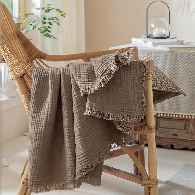 Muslin Fringe Blankets for Adults: 100% Cotton Cloud Soft | 4-Layer Gauze Breathable Lightweight All Season Throw Blanket for Bed Couch Sofa Office