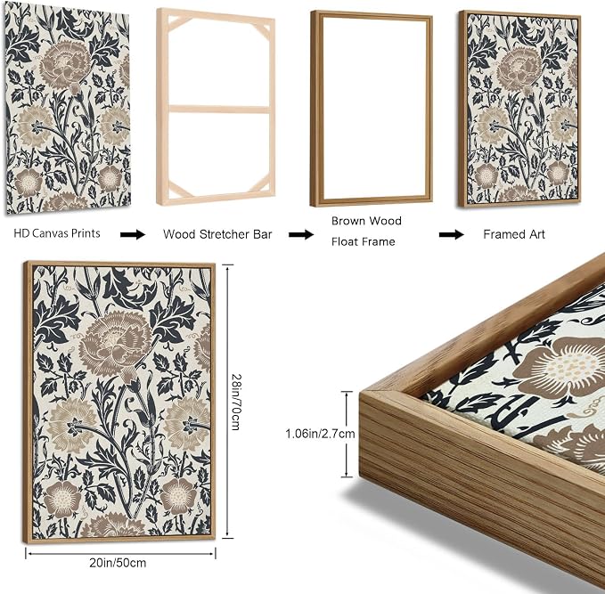Large Flowers Wall Art for Living Room Natural Wood Float Framed Art Set of 3 William Morris Floral Canvas Pictures Vintage Artwork Botanical Canvas Poster Prints for Bedroom Wall Decor 20"X28"X3